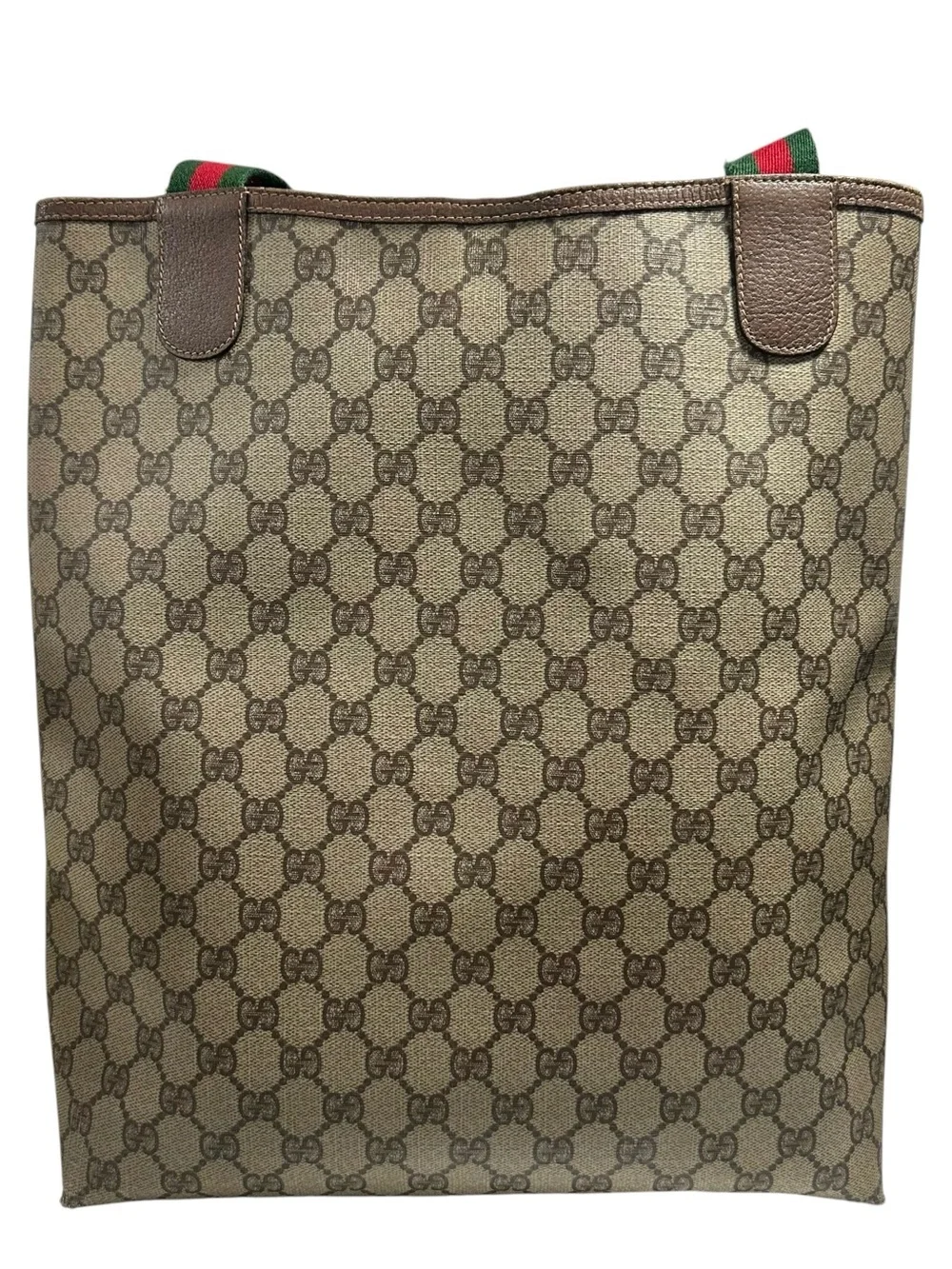 Gucci GG Supreme Canvas & Brown Leather Red Green Sherry Stripe Vintage Tote Bag_4
